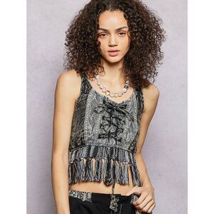 POL Lace-Up Fringe Hem Tank Sleeveless Black Crop Top Sz S M L